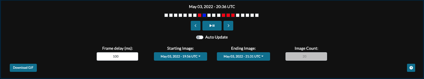 Another section containing the following. A date and time stamp of the satellite image selected. A horizontal scrollbar with white boxes indicated the images in the sequence. A blue box indicated the current image that is being displayed in the sequence. And a red box indicating an image that is to be skipped when looping through the sequence of images.